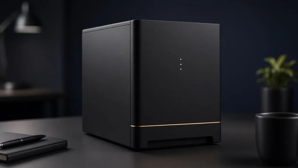 Compact black desktop tower AI appliance with a gold accent line