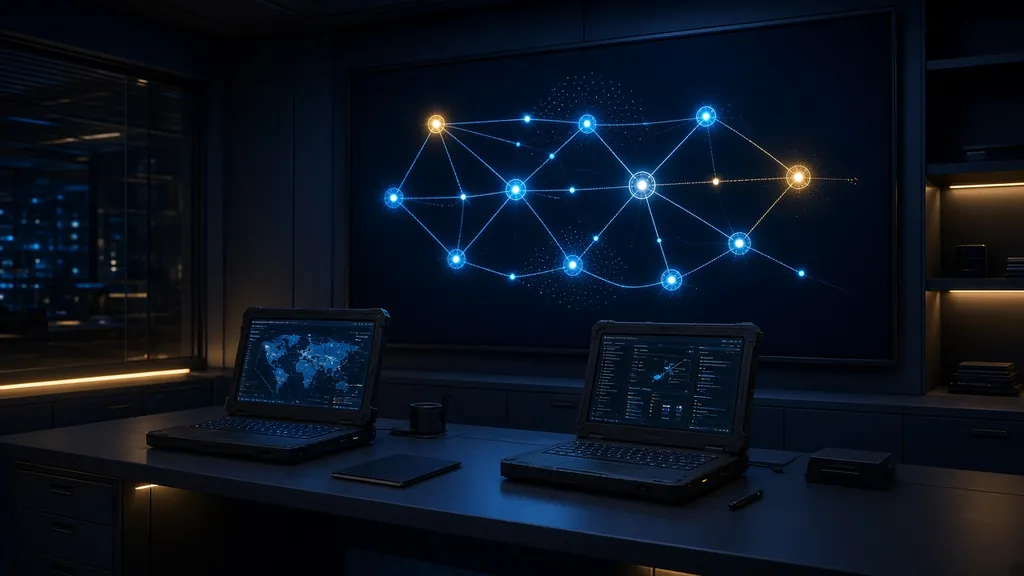 Operations office with an AI workflow diagram on a wall display and rugged laptops